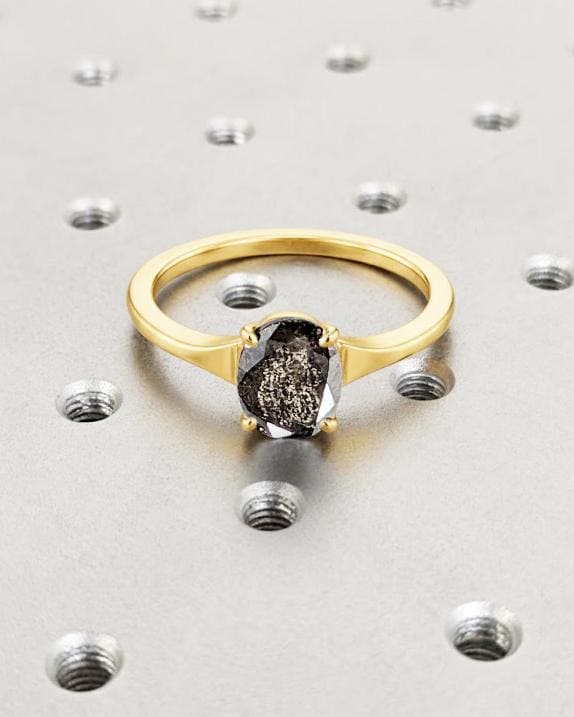 Oval Engagement Ring - Oval Salt and Pepper Diamond Ring - Grey Diamond Ring - Reverse Tapered Ring - Tapered Shank Ring - Gold Promise Ring