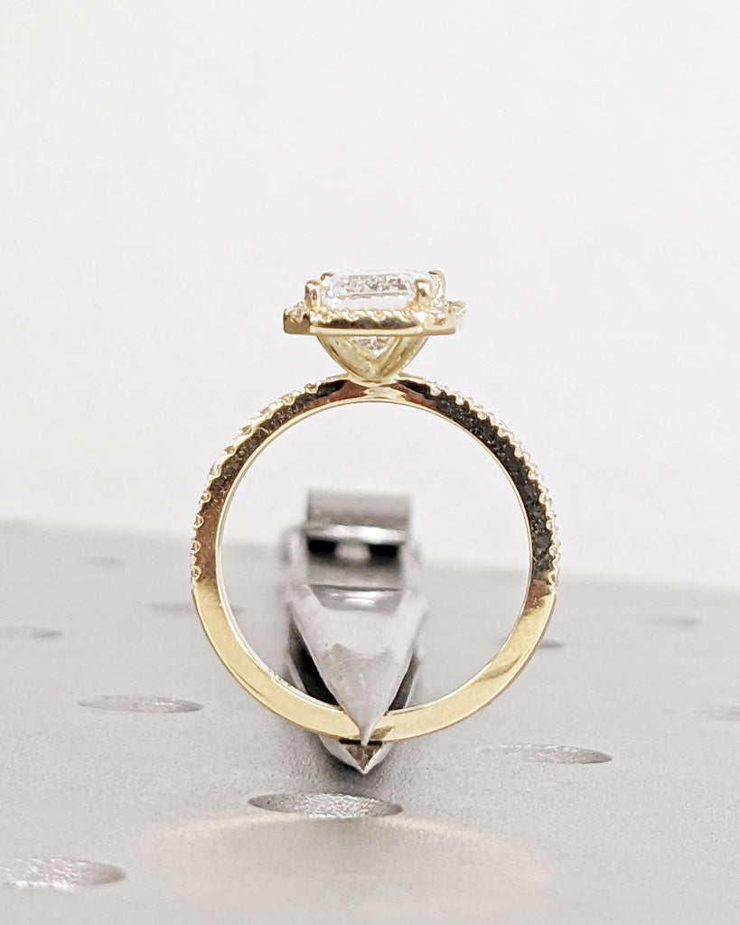 Emerald Cut Moissanite Engagement Ring - Halo Engagement Ring - Half Eternity - Solid Gold Ring - Statement Ring - Anniversary Promise Ring image #8