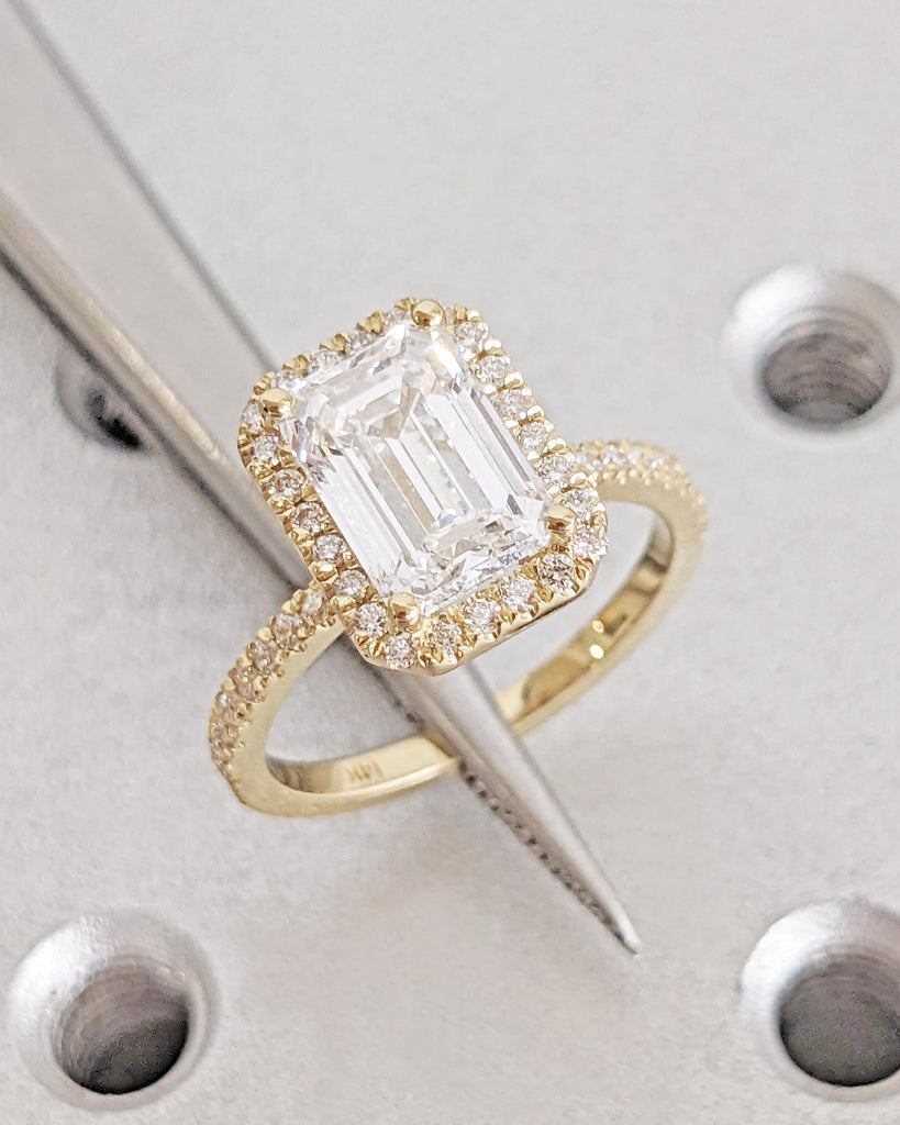 Emerald Cut Moissanite Engagement Ring - Halo Engagement Ring - Half Eternity - Solid Gold Ring - Statement Ring - Anniversary Promise Ring image #4