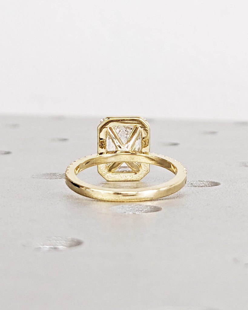 Emerald Cut Lab Grown Diamond Ring - Halo Engagement Ring - Half Eternity Band - Solid Gold Ring - Statement Ring - Anniversary Promise Ring image #9