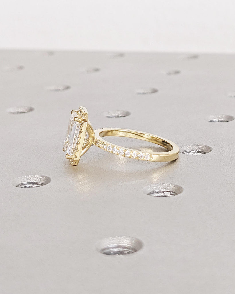 Emerald Cut Lab Grown Diamond Ring - Halo Engagement Ring - Half Eternity Band - Solid Gold Ring - Statement Ring - Anniversary Promise Ring image #6