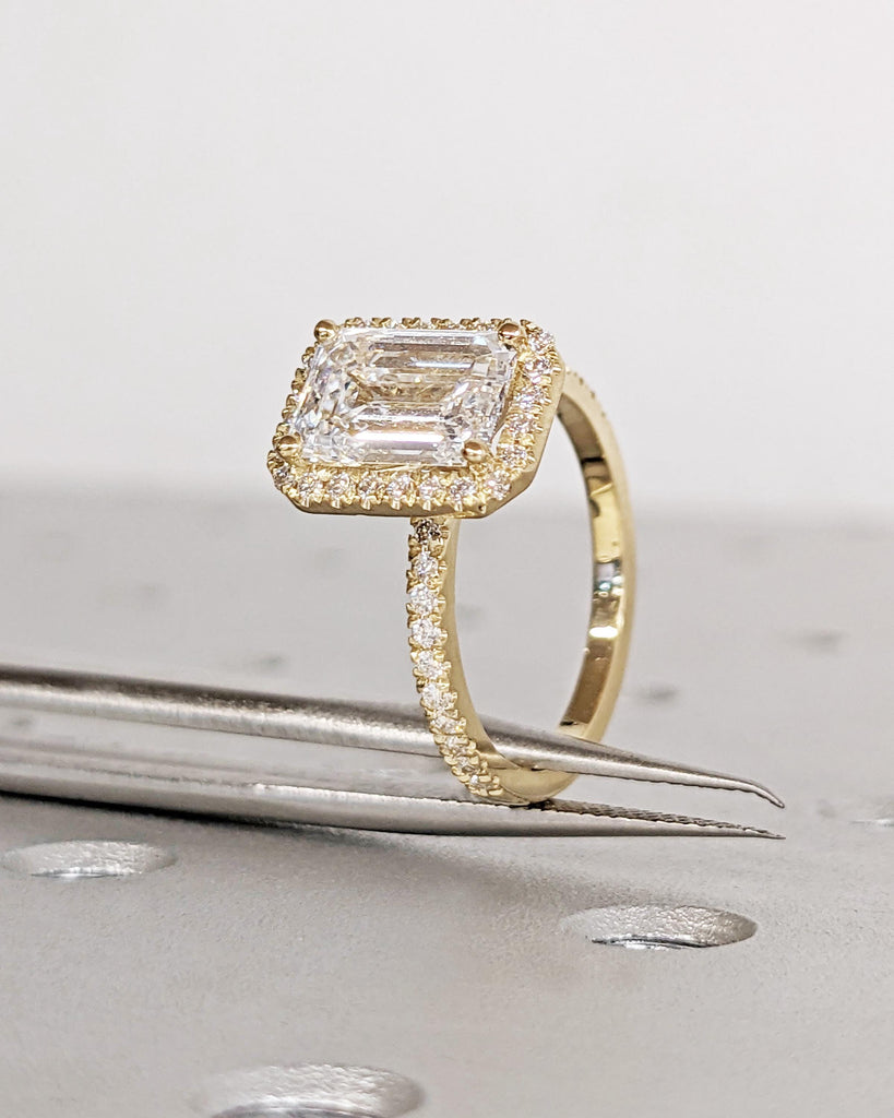 Emerald Cut Lab Grown Diamond Ring - Halo Engagement Ring - Half Eternity Band - Solid Gold Ring - Statement Ring - Anniversary Promise Ring image #7