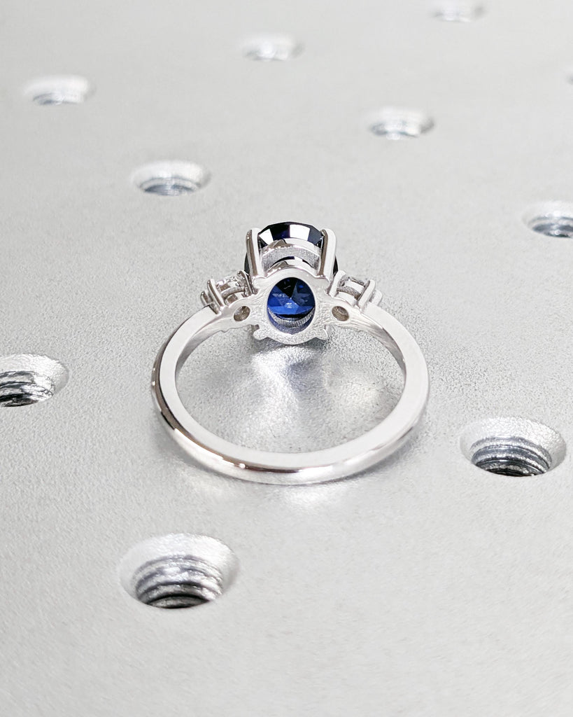 Oval Engagement Ring, Three Stone 14k Yellow Gold Diamond and Lab Grown Sapphire Ring, Blue Sapphire Gemstone Bridal Ring, White & Blue Ring image #10