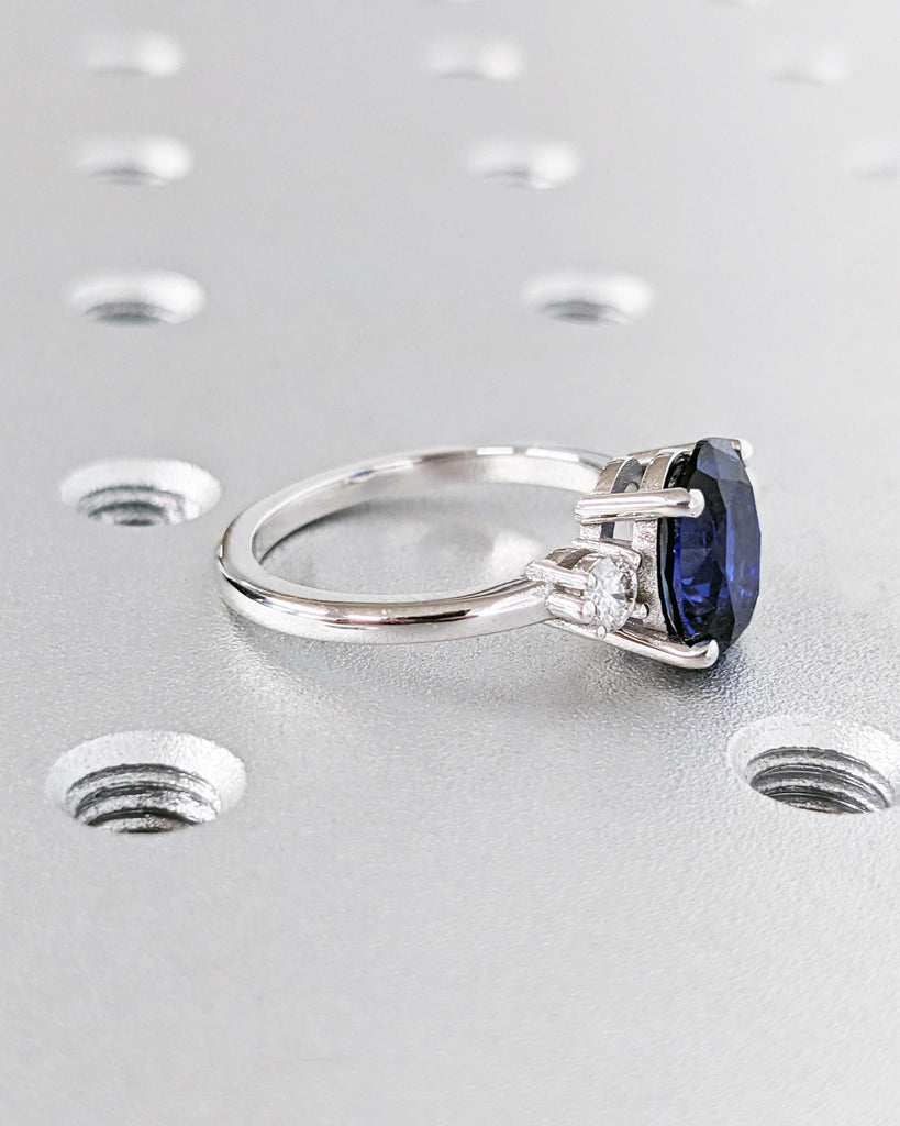 Oval Engagement Ring, Three Stone 14k Yellow Gold Diamond and Lab Grown Sapphire Ring, Blue Sapphire Gemstone Bridal Ring, White & Blue Ring image #9