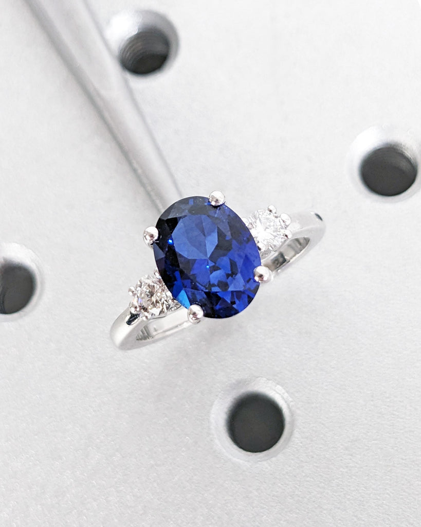 Oval Engagement Ring, Three Stone 14k Yellow Gold Diamond and Lab Grown Sapphire Ring, Blue Sapphire Gemstone Bridal Ring, White & Blue Ring image #4