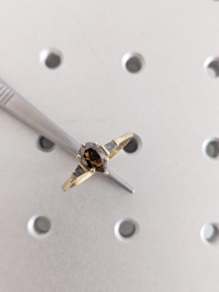 Natural Pear Salt & Pepper Diamond Ring with Side Tapered Baguette Accents, Prong Setting, Three Diamond Engagement Ring, Unique Design Ring