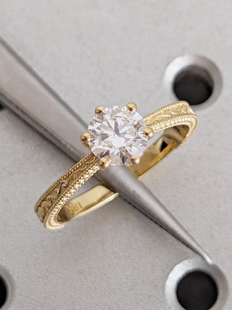Solitaire Moissanite Ring for Her, Vintage 18k Gold Engagement Ring, Milgrain Women Wedding Rings, Filigree Anniversary Ring, Bridal Jewelry image #8