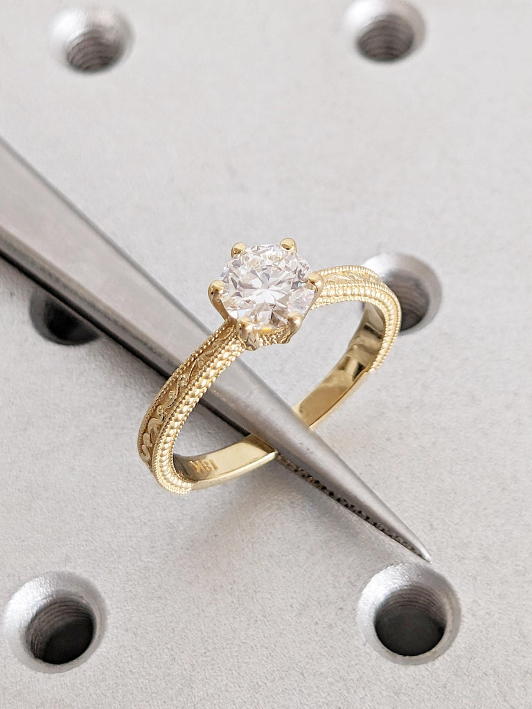 Solitaire Moissanite Ring for Her, Vintage 18k Gold Engagement Ring, Milgrain Women Wedding Rings, Filigree Anniversary Ring, Bridal Jewelry image #12