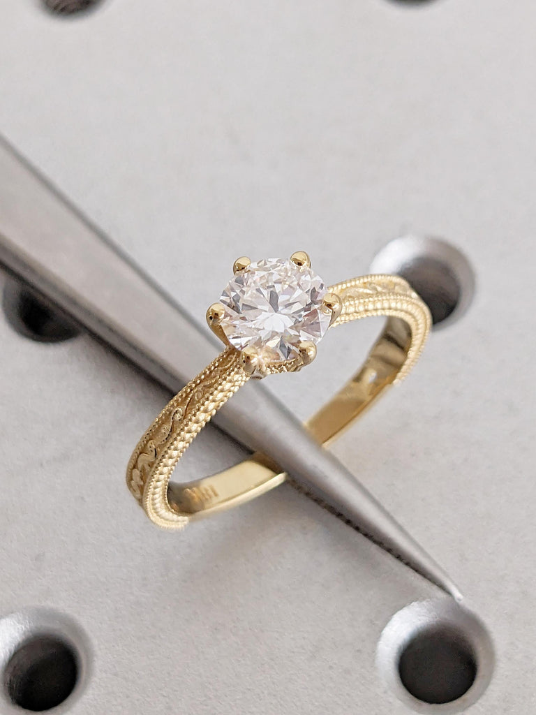Solitaire Moissanite Ring for Her, Vintage 18k Gold Engagement Ring, Milgrain Women Wedding Rings, Filigree Anniversary Ring, Bridal Jewelry image #10