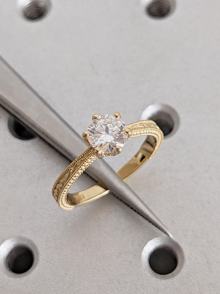 Solitaire Moissanite Ring for Her, Vintage 18k Gold Engagement Ring, Milgrain Women Wedding Rings, Filigree Anniversary Ring, Bridal Jewelry image #14