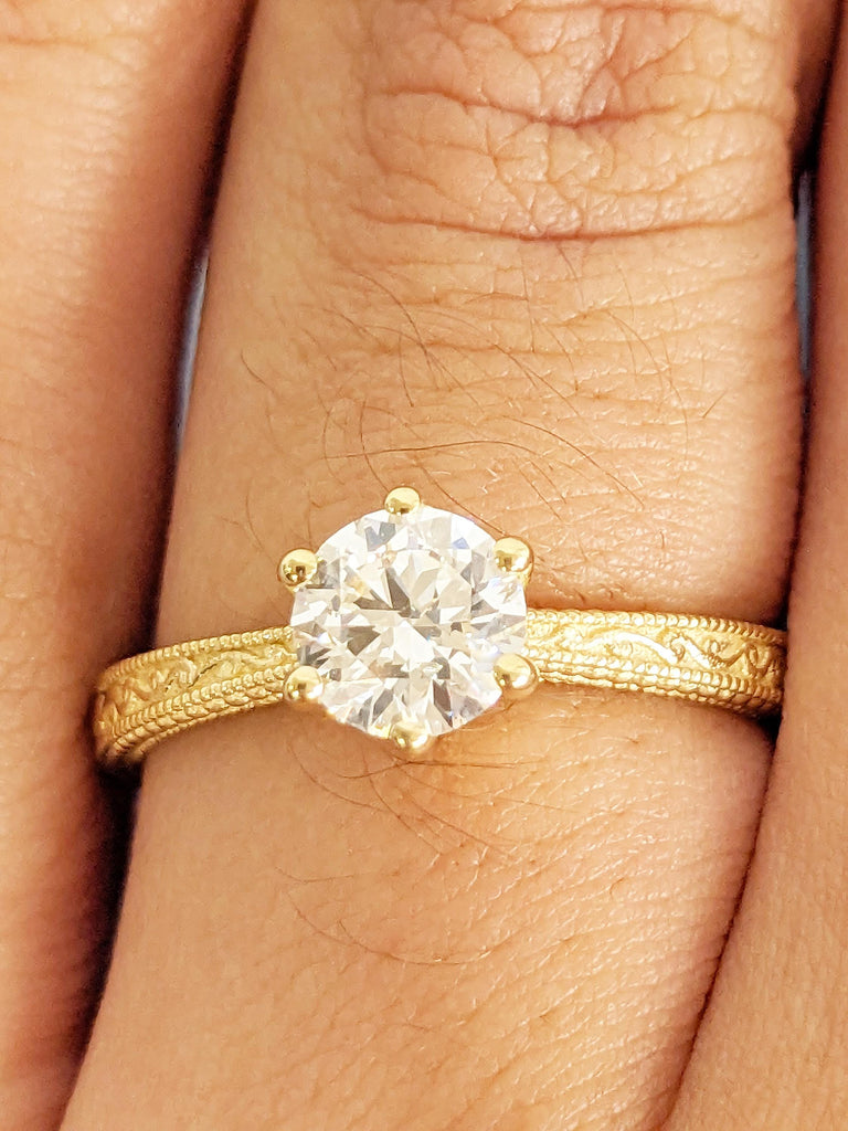 Solitaire Moissanite Ring for Her, Vintage 18k Gold Engagement Ring, Milgrain Women Wedding Rings, Filigree Anniversary Ring, Bridal Jewelry image #9
