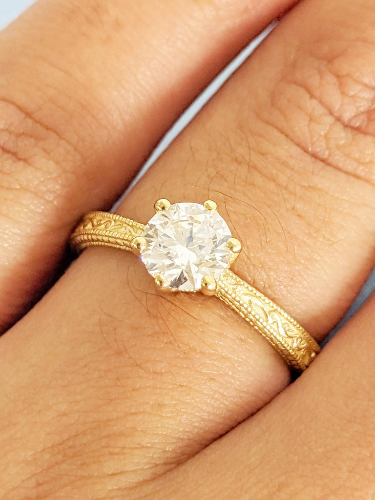 Solitaire Moissanite Ring for Her, Vintage 18k Gold Engagement Ring, Milgrain Women Wedding Rings, Filigree Anniversary Ring, Bridal Jewelry image #11