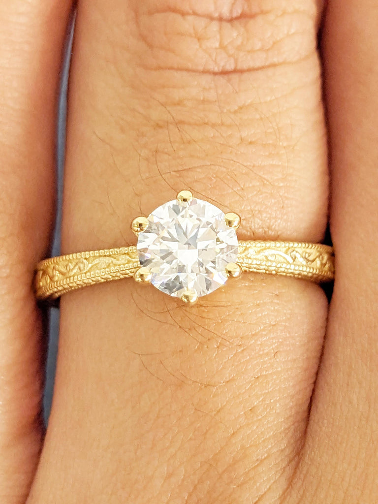 Solitaire Moissanite Ring for Her, Vintage 18k Gold Engagement Ring, Milgrain Women Wedding Rings, Filigree Anniversary Ring, Bridal Jewelry image #15