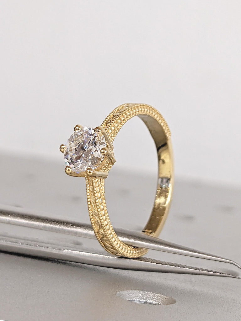 Solitaire Moissanite Ring for Her, Vintage 18k Gold Engagement Ring, Milgrain Women Wedding Rings, Filigree Anniversary Ring, Bridal Jewelry image #7