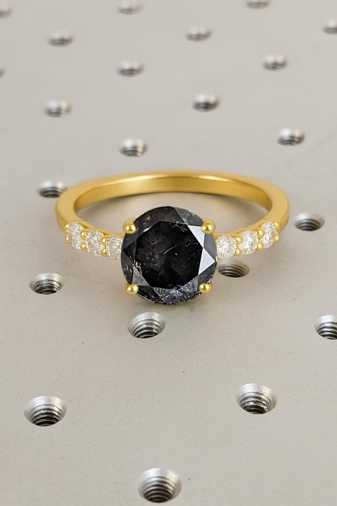 Salt and Pepper Diamond Vintage Rings for Women, 14k Solid Gold Round Engagement Ring image #2