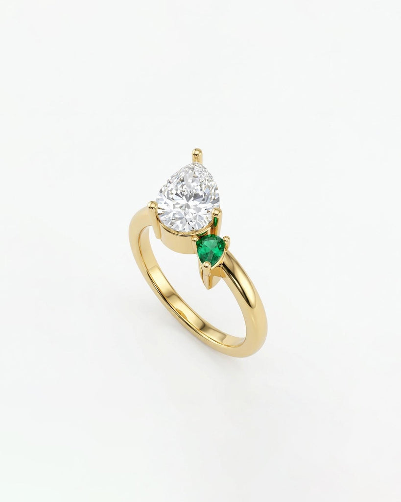 Lab Created Diamond Ring, Unique 14k Yellow Gold Engagement Ring, Pear Cut Lab Emerald and Lab Diamond Wedding Anniversary Ring, Nature Ring image #2