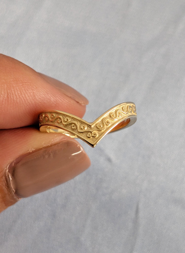 14K Yellow Gold Filigree Wedding Band, Curved Matching Ring for Women, Vintage Inspired Stacking Band, Delicate Gold Wedding Ring For Her image #9