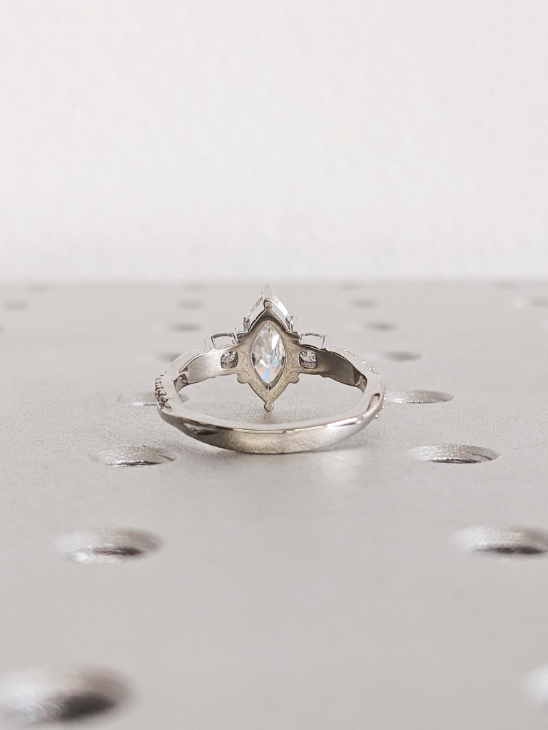 Platinum Marquise Cut Lab Diamond Spiral Engagement Ring, Three Stone Twisted Platinum Band, Women's Wedding Jewelry image #5