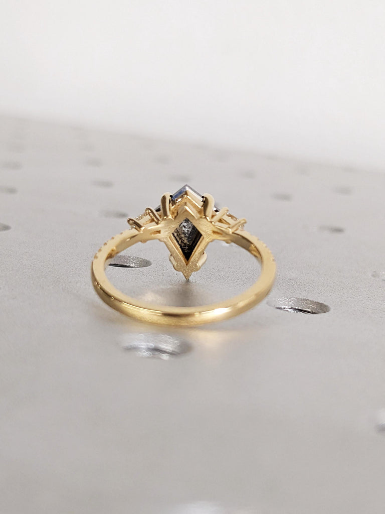Salt and Pepper Diamond Engagement Ring, Kite Cut Diamond, 18K Yellow Gold Wedding Band, Art Deco Anniversary Ring image #3