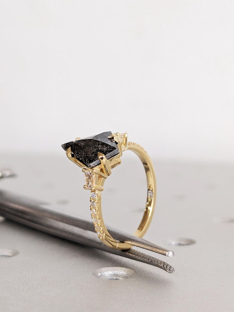 Salt and Pepper Diamond Engagement Ring, Kite Cut Diamond, 18K Yellow Gold Wedding Band, Art Deco Anniversary Ring image #9
