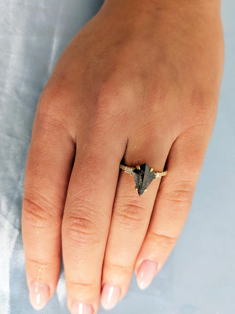 Salt and Pepper Diamond Engagement Ring, Kite Cut Diamond, 18K Yellow Gold Wedding Band, Art Deco Anniversary Ring image #5