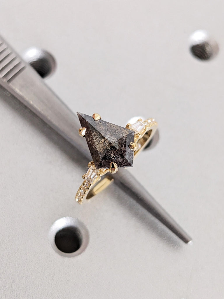 Salt and Pepper Diamond Engagement Ring, Kite Cut Diamond, 18K Yellow Gold Wedding Band, Art Deco Anniversary Ring image #2