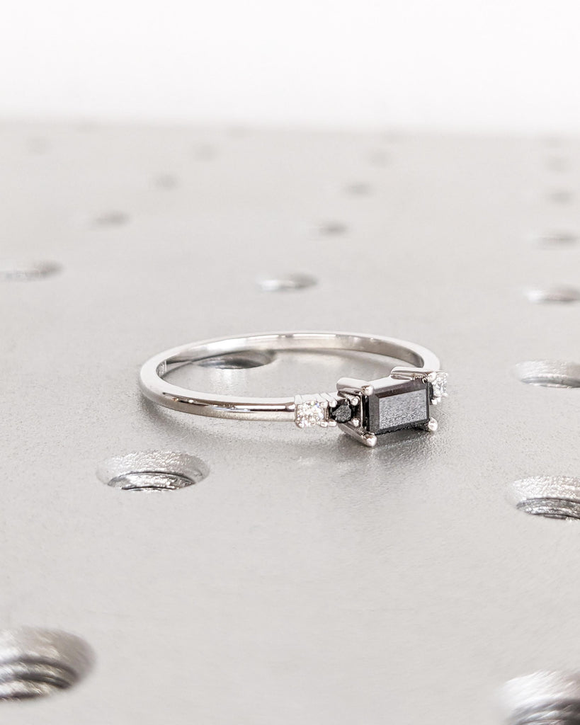 Salt and Pepper Diamond Baguette Ring, White Gold Diamond Ring, Art Deco Baguette Diamond Ring, Dainty Stacking Ring, Promise Ring for Her image #2