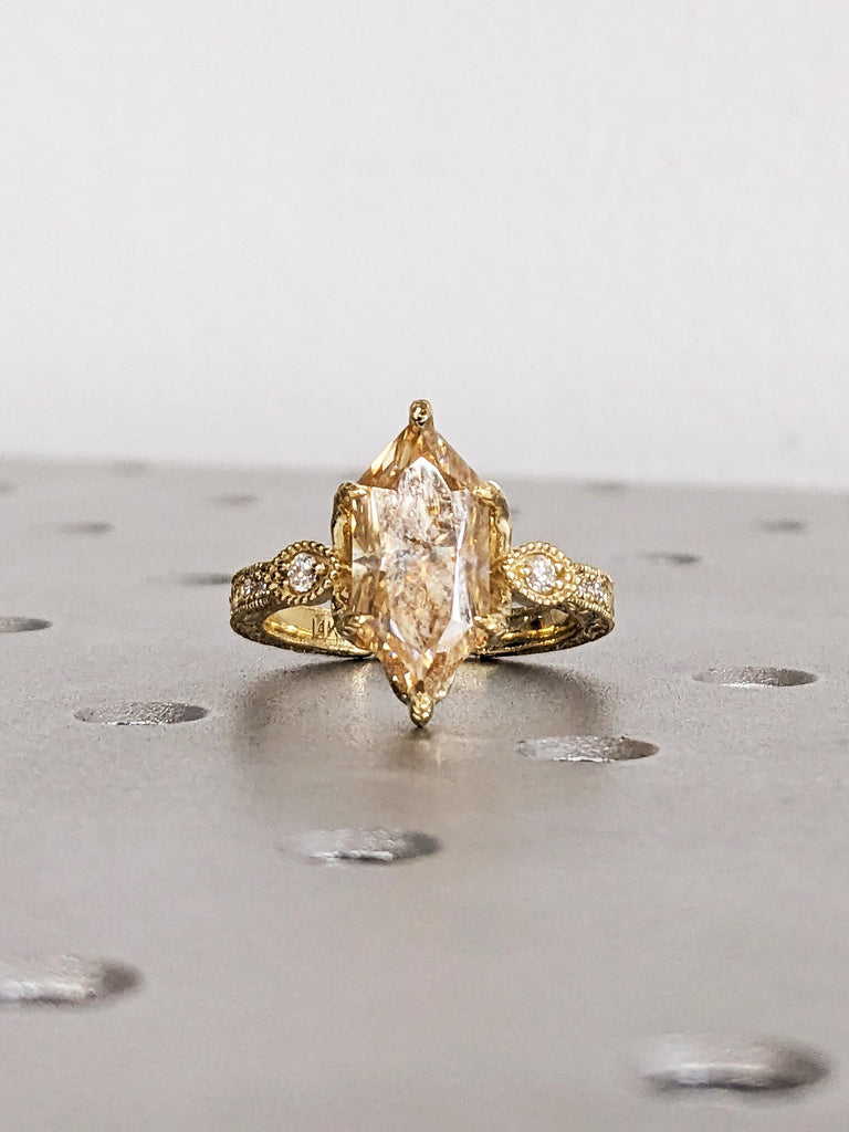 Vintage Tulip Setting Engagement Ring, Dutch Marquise Moissanite 14K Yellow Gold, Diamond Cathedral Setting Filigree Proposal Ring image #3