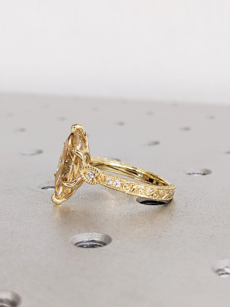 Vintage Tulip Setting Engagement Ring, Dutch Marquise Moissanite 14K Yellow Gold, Diamond Cathedral Setting Filigree Proposal Ring image #4