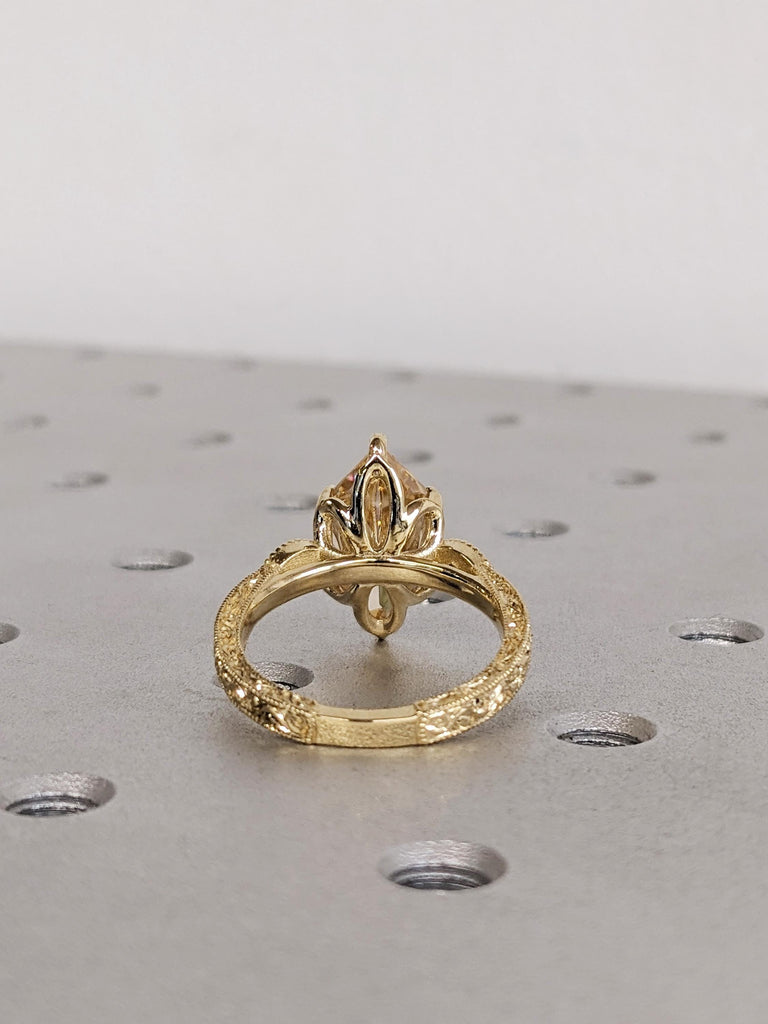 Vintage Tulip Setting Engagement Ring, Dutch Marquise Moissanite 14K Yellow Gold, Diamond Cathedral Setting Filigree Proposal Ring image #5