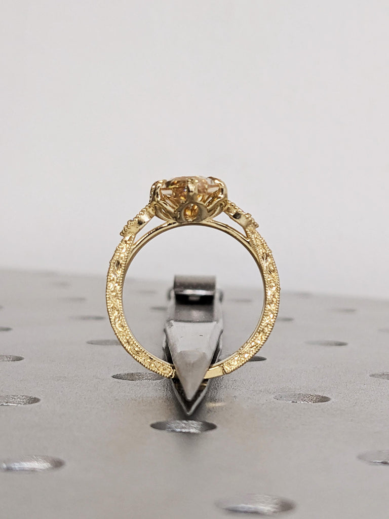 Vintage Tulip Setting Engagement Ring, Dutch Marquise Moissanite 14K Yellow Gold, Diamond Cathedral Setting Filigree Proposal Ring image #6