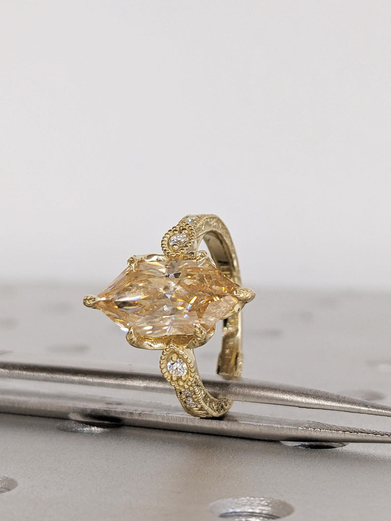 Vintage Tulip Setting Engagement Ring, Dutch Marquise Moissanite 14K Yellow Gold, Diamond Cathedral Setting Filigree Proposal Ring image #7