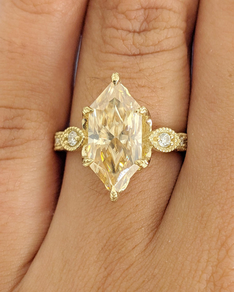 Vintage Tulip Setting Engagement Ring, Dutch Marquise Moissanite 14K Yellow Gold, Diamond Cathedral Setting Filigree Proposal Ring image #2