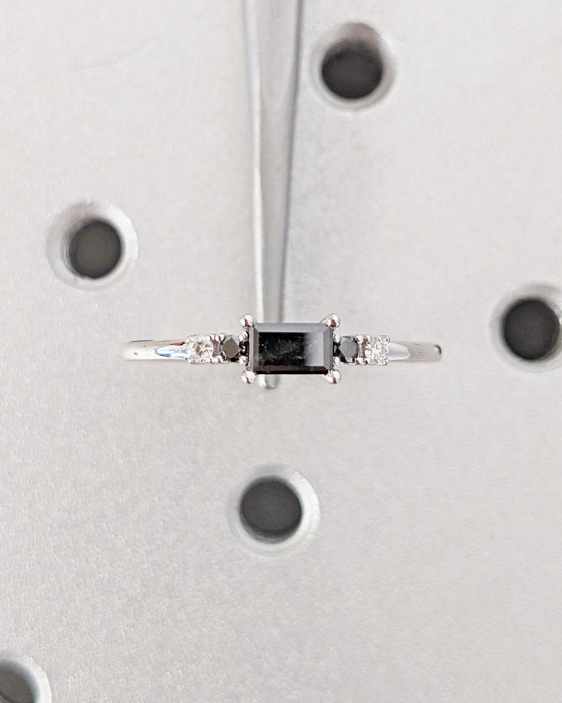 Salt and Pepper Diamond Baguette Ring, White Gold Diamond Ring, Art Deco Baguette Diamond Ring, Dainty Stacking Ring, Promise Ring for Her image #7