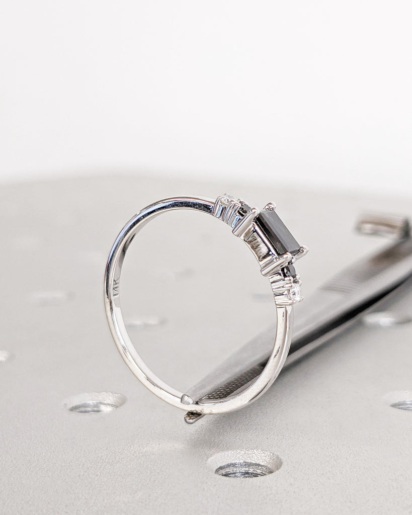 Salt and Pepper Diamond Baguette Ring, White Gold Diamond Ring, Art Deco Baguette Diamond Ring, Dainty Stacking Ring, Promise Ring for Her image #9
