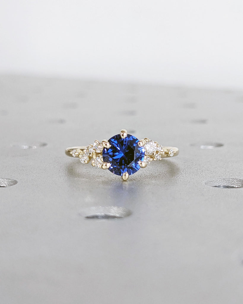Vintage Blue Sapphire 14K Yellow Gold Engagement Ring, Unique Snowdrift 6 Prong Diamond Cluster Promise Ring, Blue Sapphire and Diamond Ring image #6