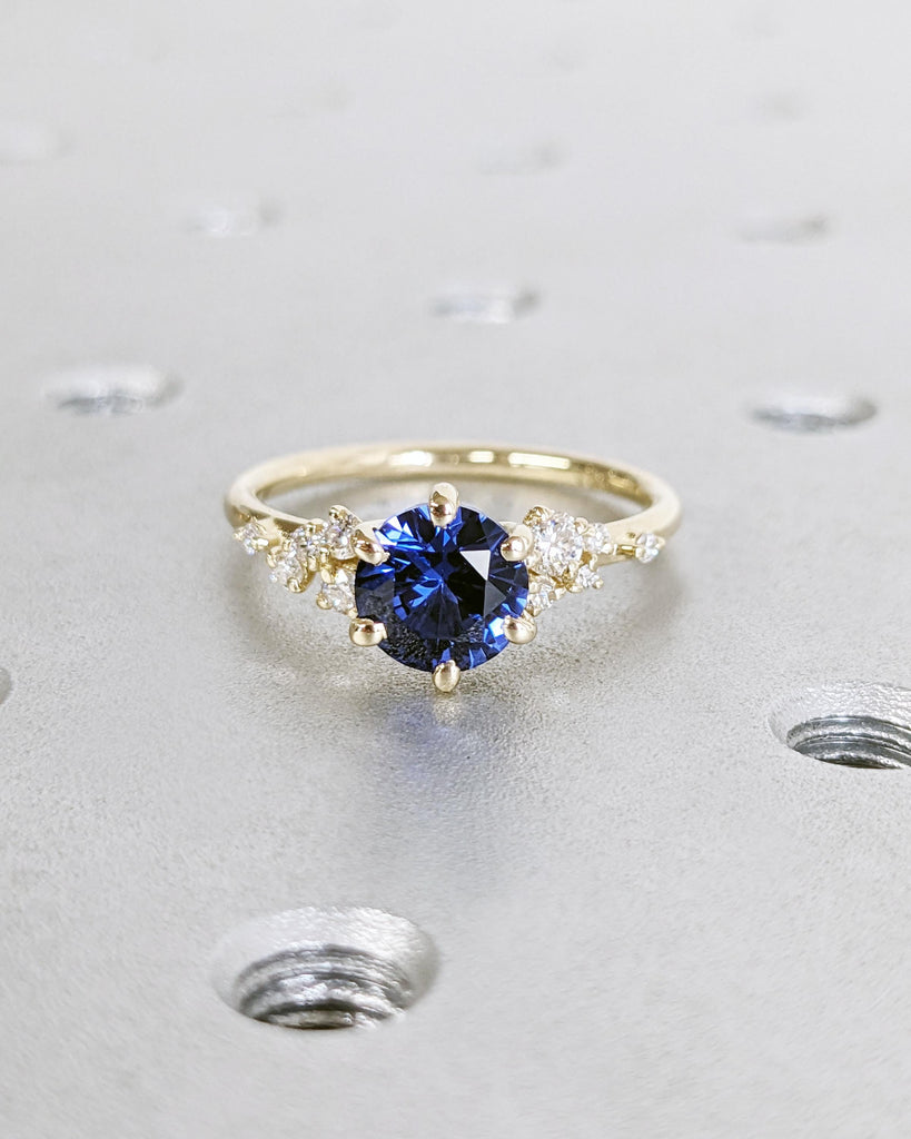 Vintage Blue Sapphire 14K Yellow Gold Engagement Ring, Unique Snowdrift 6 Prong Diamond Cluster Promise Ring, Blue Sapphire and Diamond Ring image #7