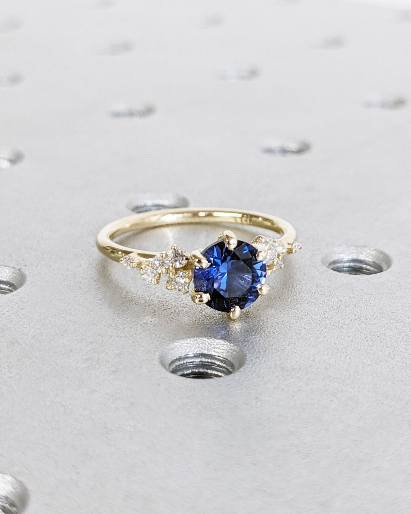 Vintage Blue Sapphire 14K Yellow Gold Engagement Ring, Unique Snowdrift 6 Prong Diamond Cluster Promise Ring, Blue Sapphire and Diamond Ring image #8