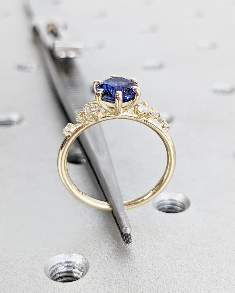 Vintage Blue Sapphire 14K Yellow Gold Engagement Ring, Unique Snowdrift 6 Prong Diamond Cluster Promise Ring, Blue Sapphire and Diamond Ring image #9