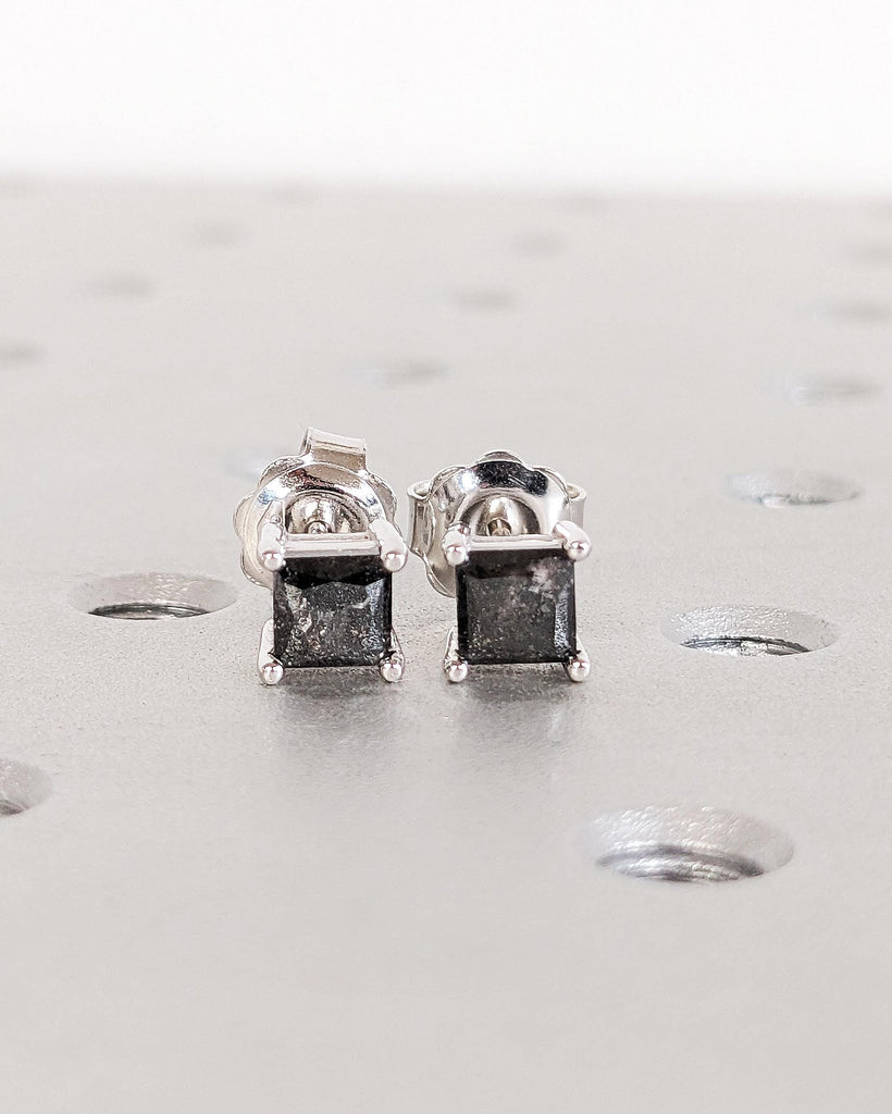 Princess Cut Salt and Pepper Diamond Earrings, 14K White Gold Earring Studs, Galaxy Inspired Diamond Stud Earrings image #7
