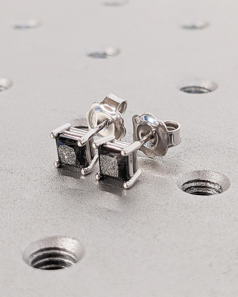 Princess Cut Salt and Pepper Diamond Earrings, 14K White Gold Earring Studs, Galaxy Inspired Diamond Stud Earrings image #3