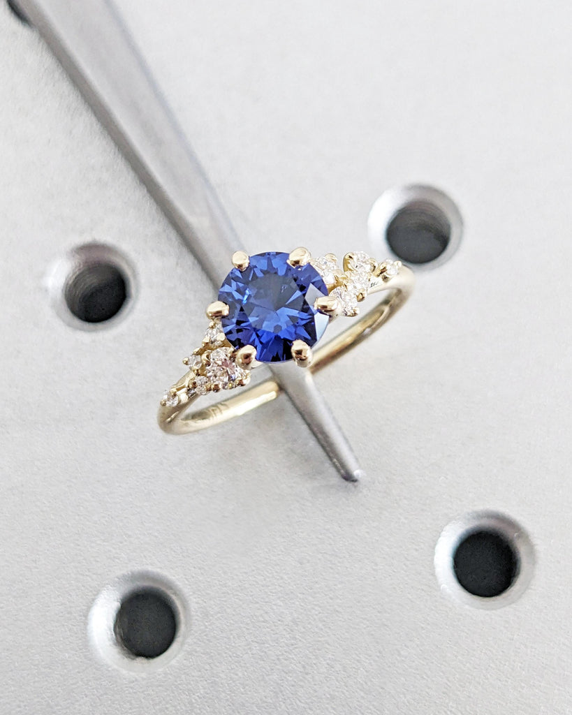Vintage Blue Sapphire 14K Yellow Gold Engagement Ring, Unique Snowdrift 6 Prong Diamond Cluster Promise Ring, Blue Sapphire and Diamond Ring image #5