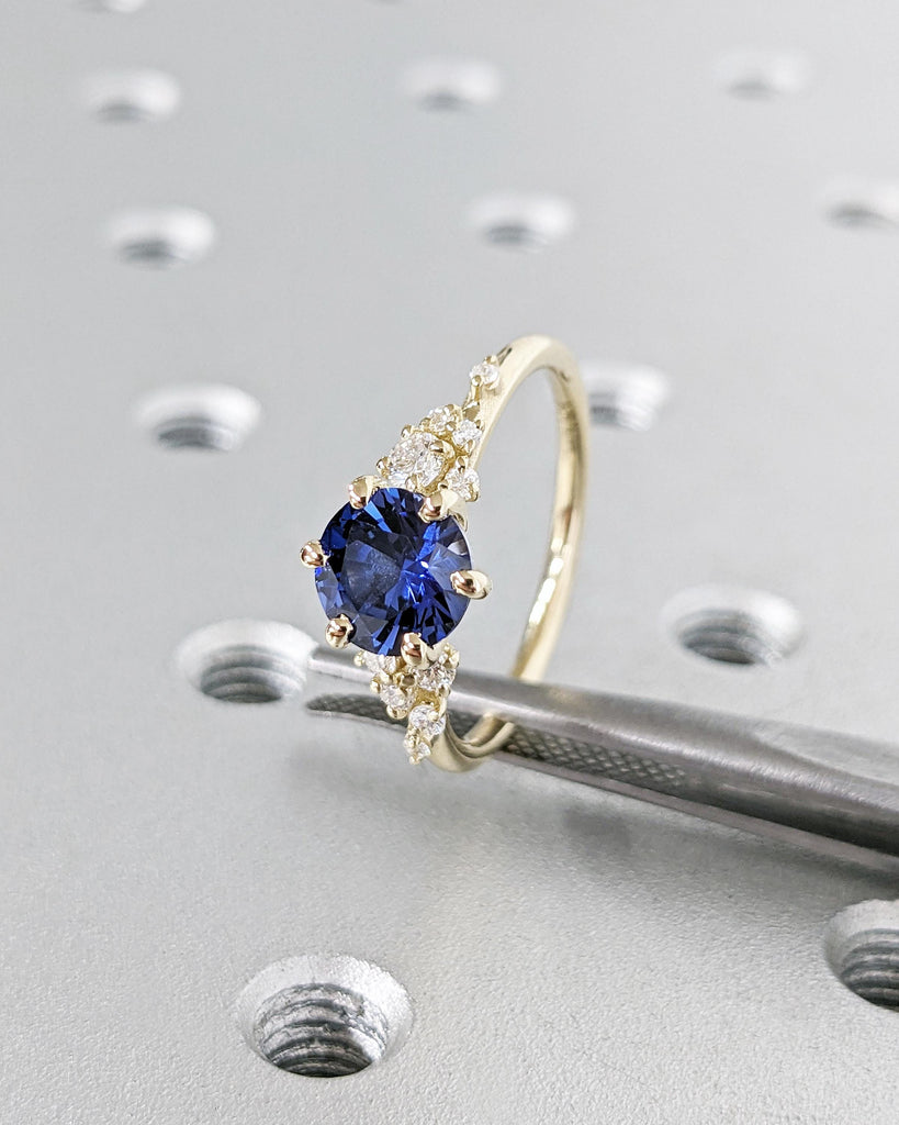 Vintage Blue Sapphire 14K Yellow Gold Engagement Ring, Unique Snowdrift 6 Prong Diamond Cluster Promise Ring, Blue Sapphire and Diamond Ring image #2