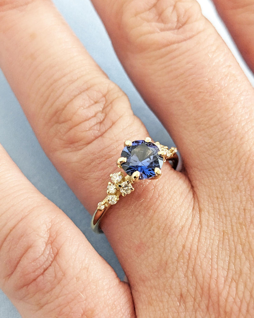 Vintage Blue Sapphire 14K Yellow Gold Engagement Ring, Unique Snowdrift 6 Prong Diamond Cluster Promise Ring, Blue Sapphire and Diamond Ring image #3