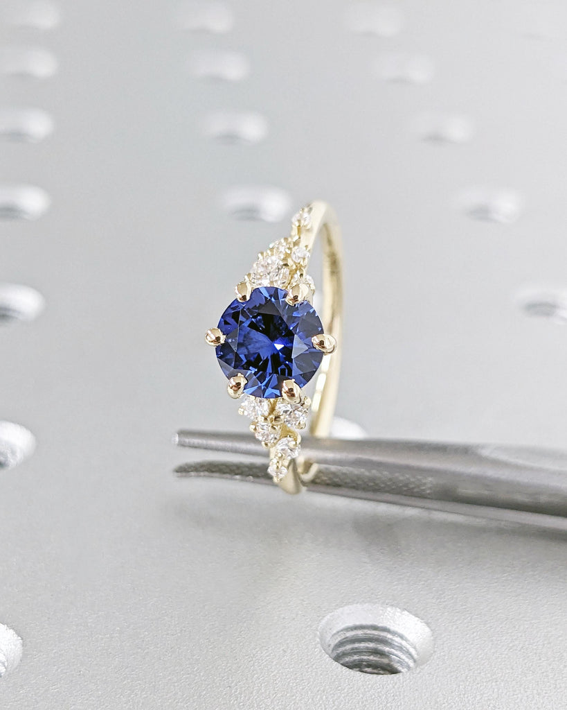 Vintage Blue Sapphire 14K Yellow Gold Engagement Ring, Unique Snowdrift 6 Prong Diamond Cluster Promise Ring, Blue Sapphire and Diamond Ring