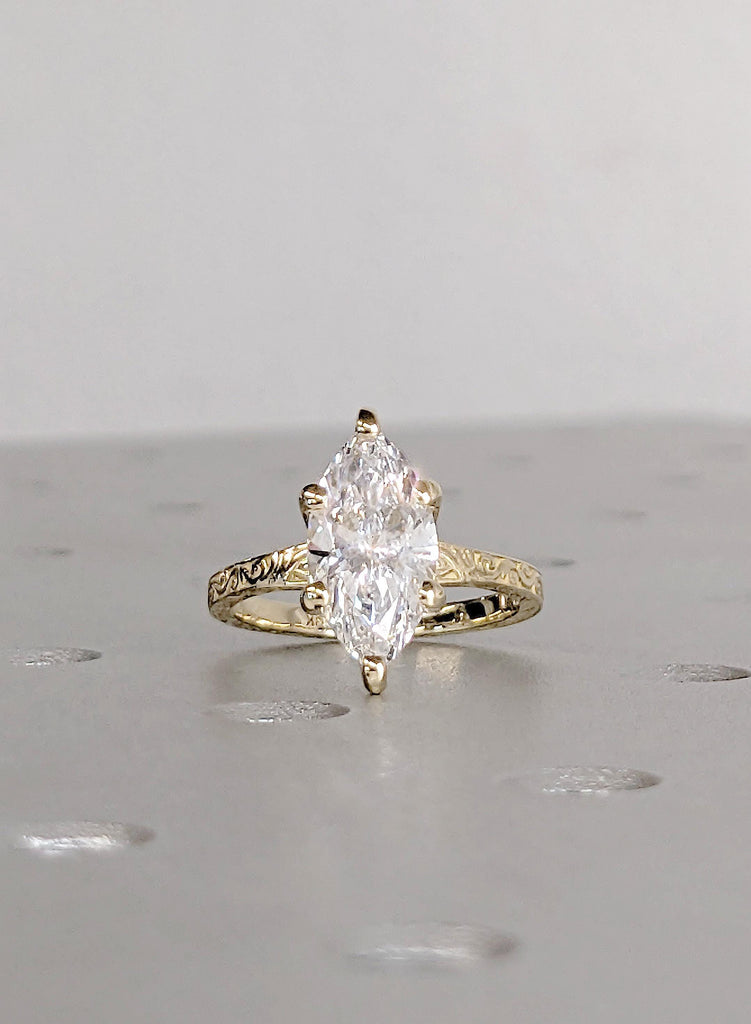 14K Yellow Gold Marquise Moissanite Ring, Filigree Engagement Ring, Vintage Style Bridal Solitaire, Wedding Anniversary Promise Ring For Her image #3