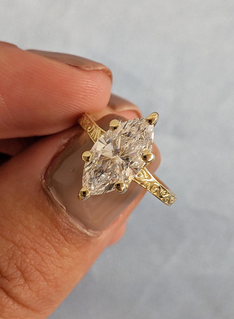 14K Yellow Gold Marquise Moissanite Ring, Filigree Engagement Ring, Vintage Style Bridal Solitaire, Wedding Anniversary Promise Ring For Her image #2