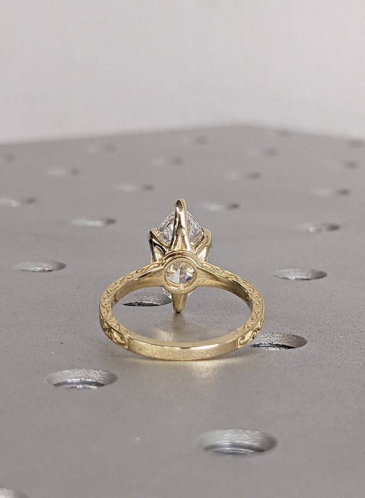 14K Yellow Gold Marquise Moissanite Ring, Filigree Engagement Ring, Vintage Style Bridal Solitaire, Wedding Anniversary Promise Ring For Her image #5