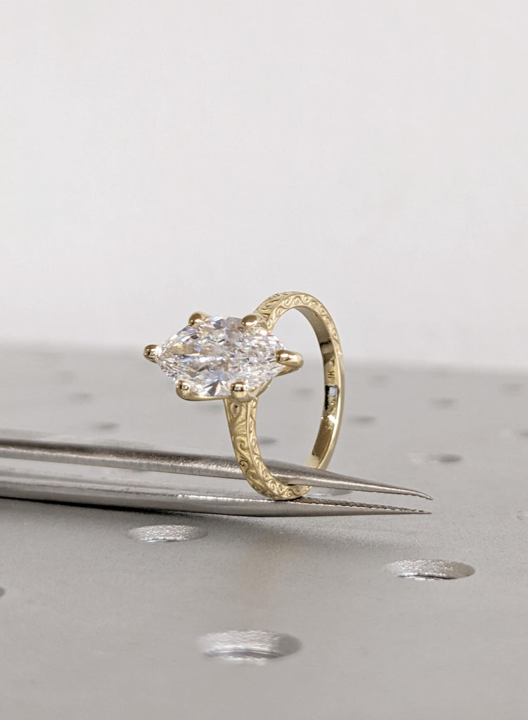 14K Yellow Gold Marquise Moissanite Ring, Filigree Engagement Ring, Vintage Style Bridal Solitaire, Wedding Anniversary Promise Ring For Her image #9
