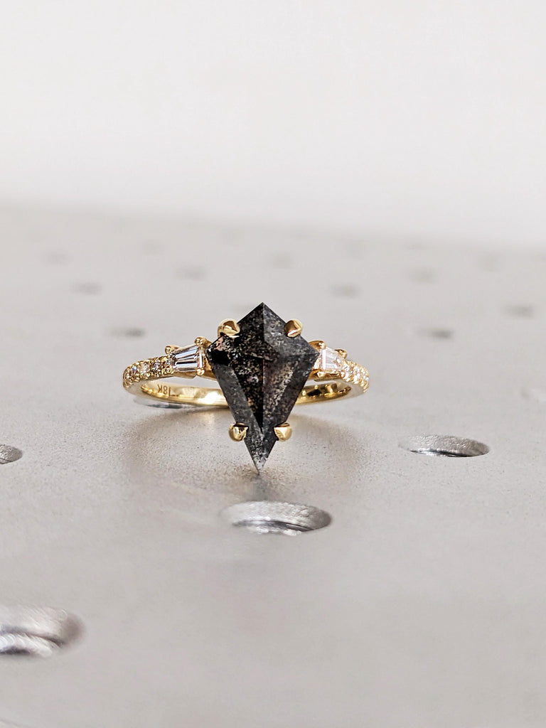 Salt and Pepper Diamond Engagement Ring, Kite Cut Diamond, 18K Yellow Gold Wedding Band, Art Deco Anniversary Ring